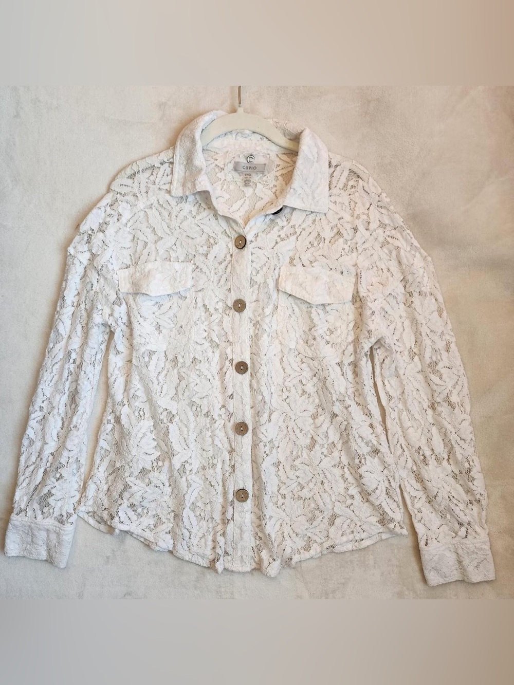 White Lace Button-Front semi sheer Shirt